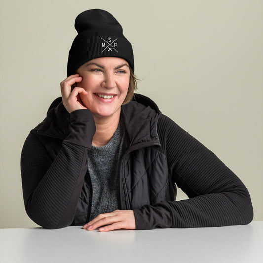 Crossed-X Cuffed Beanie - White • MSP Minneapolis • YHM Designs - Image 02