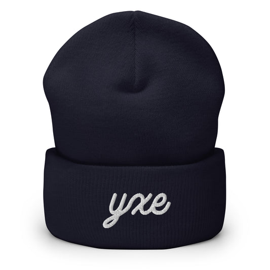 Vintage Script Beanie - White Embroidery • YXE Saskatoon • YHM Designs - Image 02
