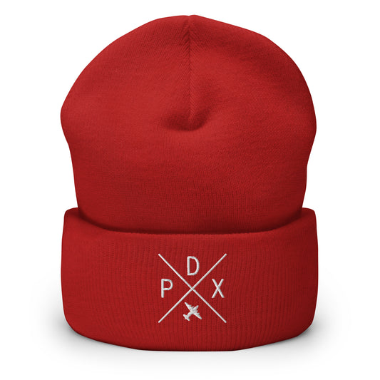 Crossed-X Cuffed Beanie - White • PDX Portland • YHM Designs - Image 01
