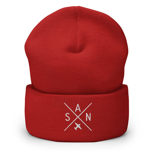 Crossed-X Cuffed Beanie - White • SAN San Diego • YHM Designs - Image 01
