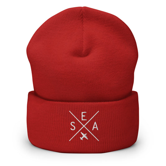 Crossed-X Cuffed Beanie - White • SEA Seattle • YHM Designs - Image 01