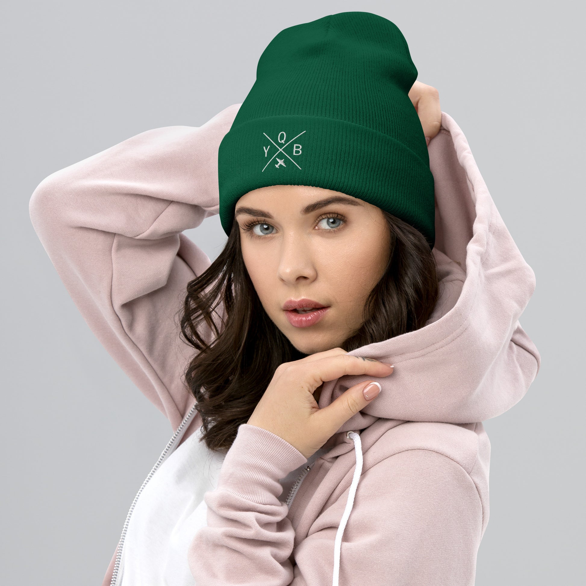 Crossed-X Cuffed Beanie - White • YQB Quebec City • YHM Designs - Image 05
