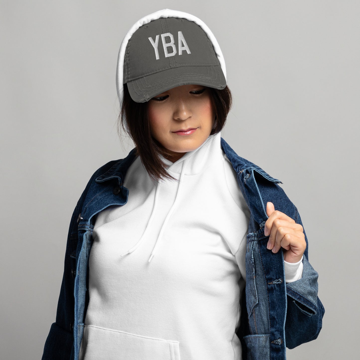 Airport Code Distressed Hat - White • YBA Banff • YHM Designs - Image 06