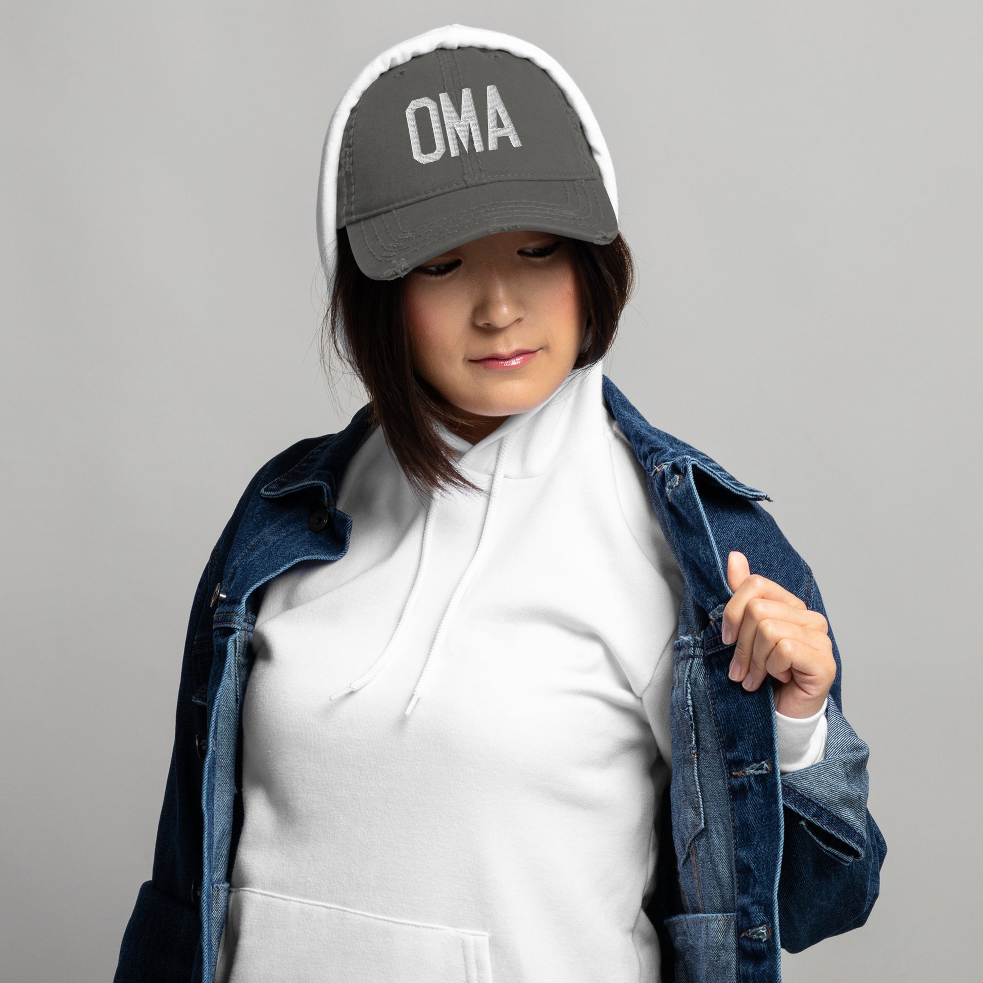 Airport Code Distressed Hat - White • OMA Omaha • YHM Designs - Image 06