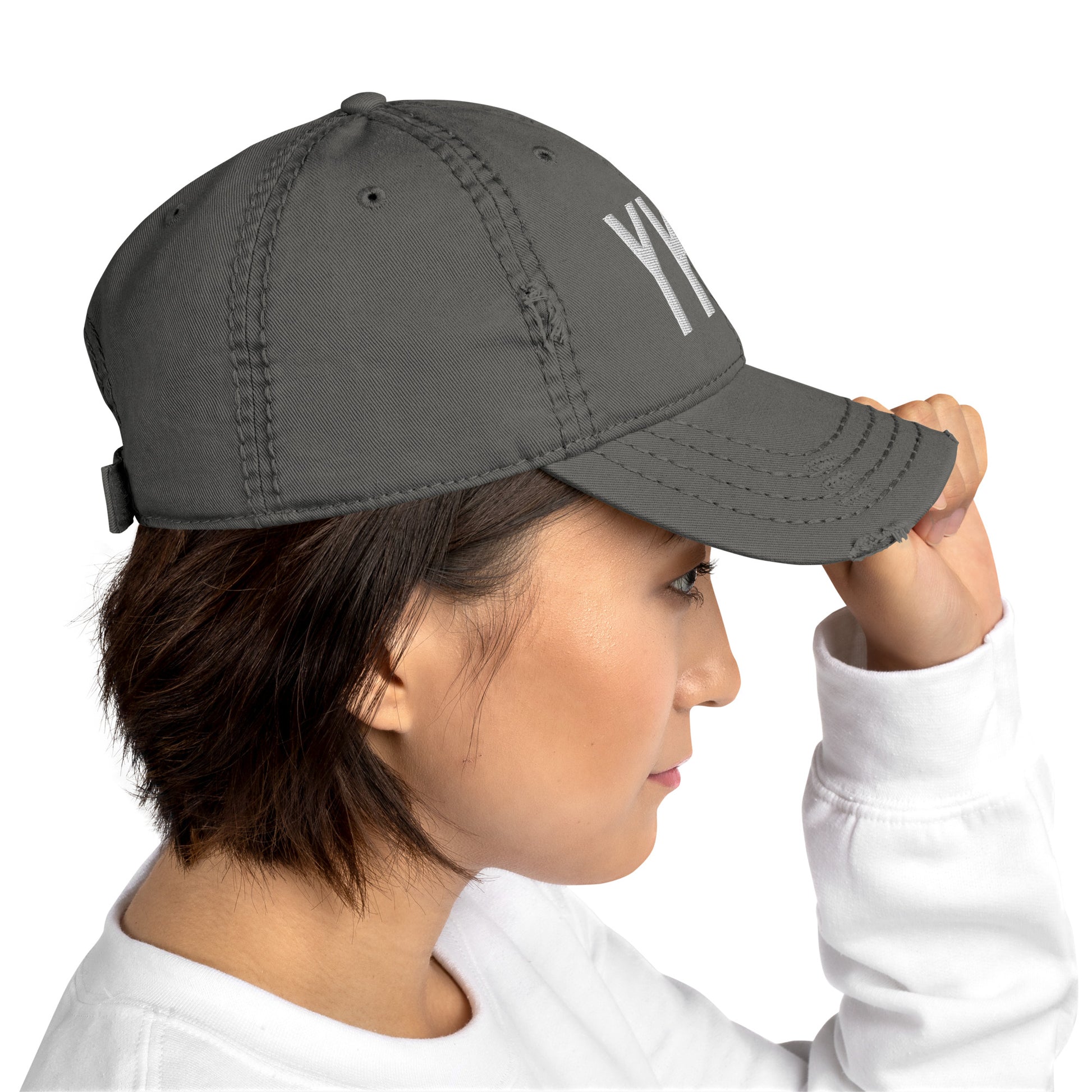 Airport Code Distressed Hat - White • YKF Waterloo • YHM Designs - Image 07
