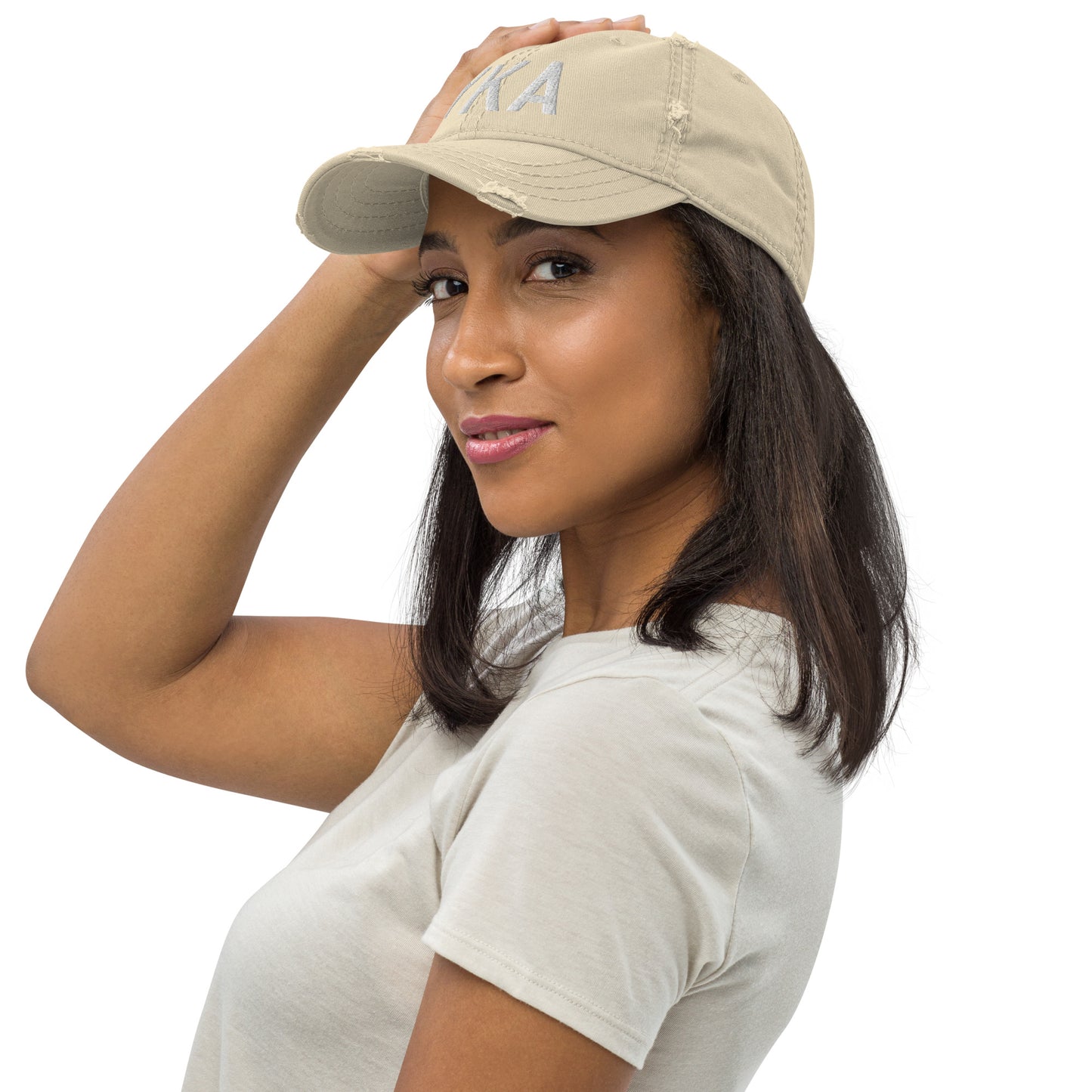 Airport Code Distressed Hat - White • YKA Kamloops • YHM Designs - Image 09