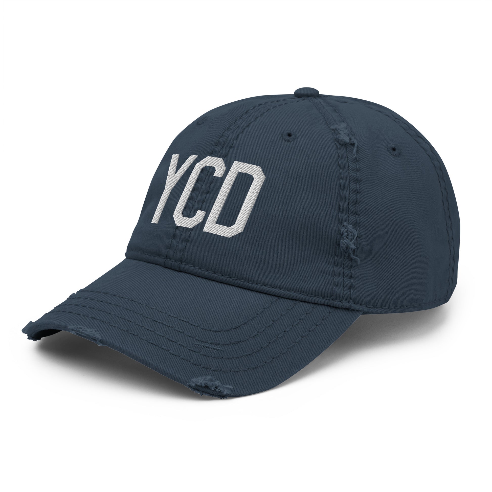 Airport Code Distressed Hat - White • YCD Nanaimo • YHM Designs - Image 01