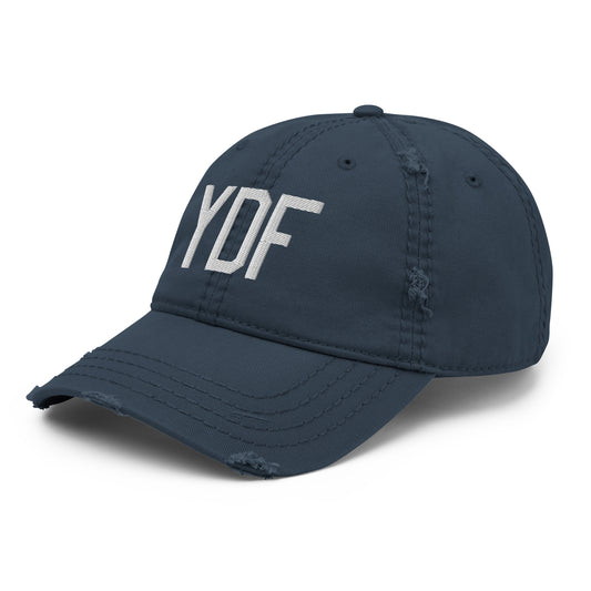Airport Code Distressed Hat - White • YDF Deer Lake • YHM Designs - Image 01