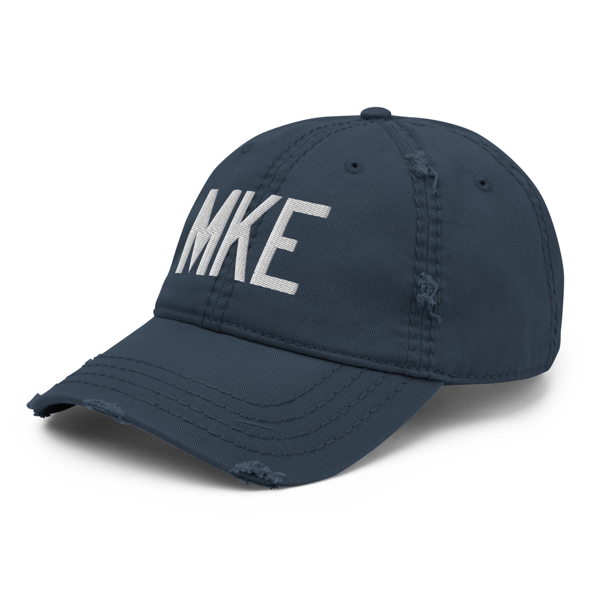 Airport Code Distressed Hat - White • MKE Milwaukee • YHM Designs - Image 01