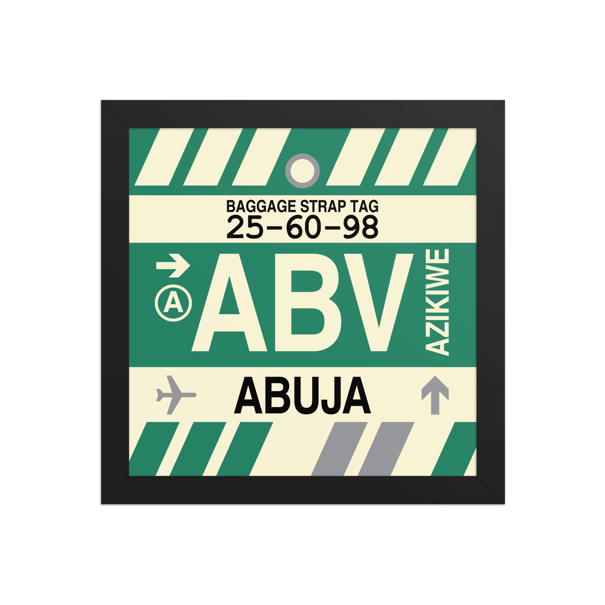 ABV Abuja Framed Print • Jet Age Baggage Tag Design • YHM Designs - Image 02