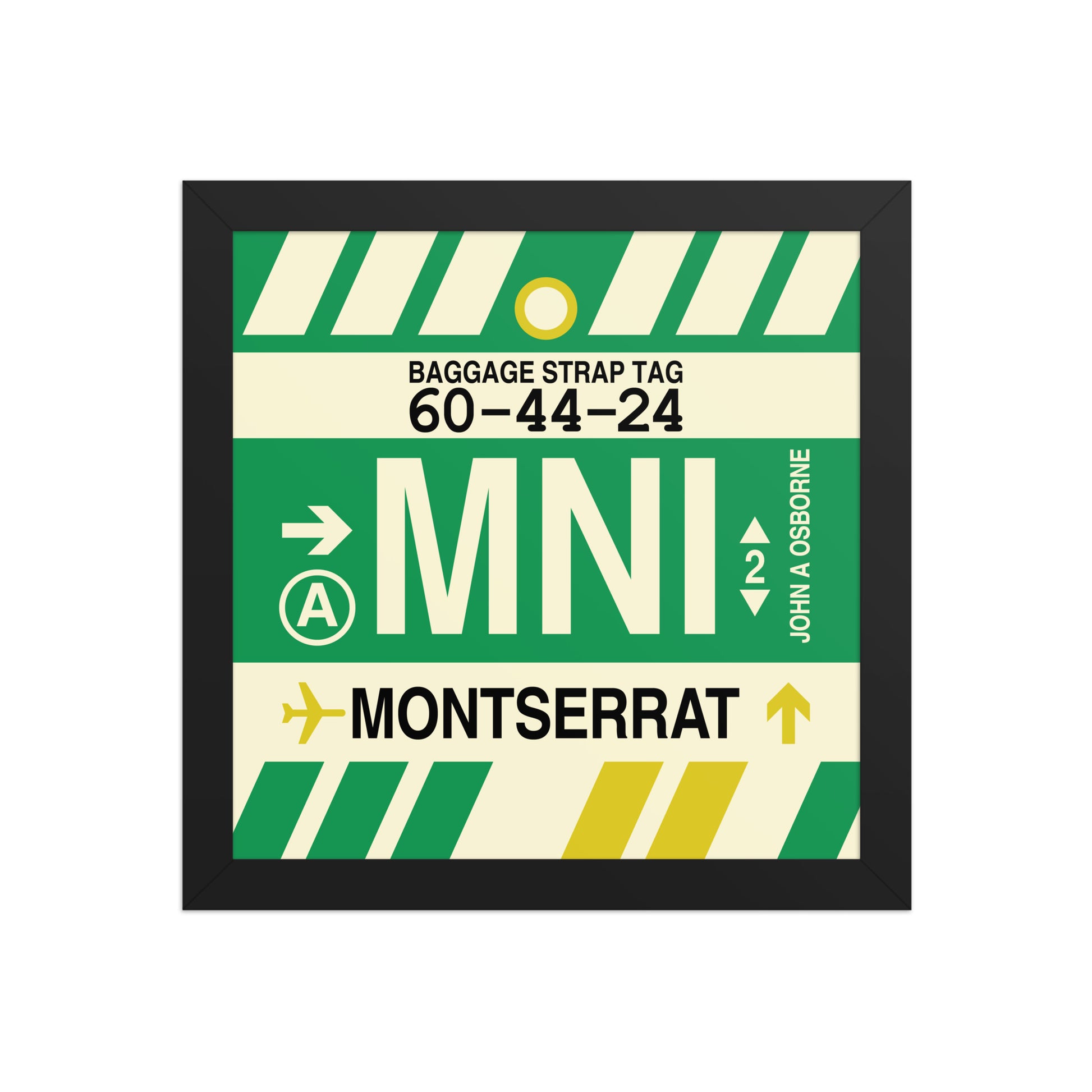 MNI Montserrat Framed Print • Jet Age Baggage Tag Design • YHM Designs - Image 02