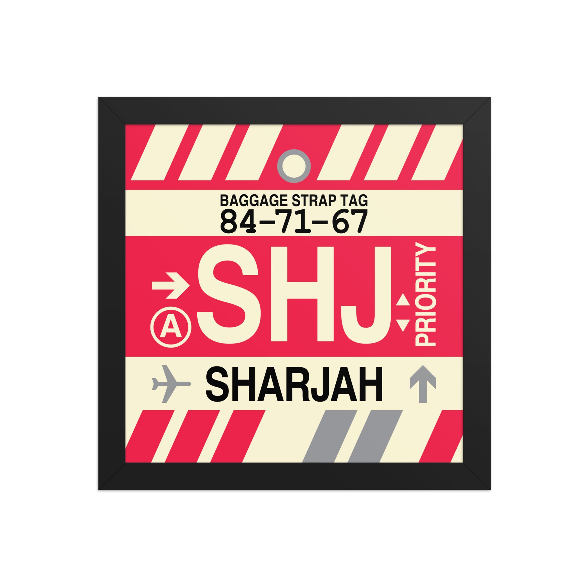 SHJ Sharjah Framed Print • Jet Age Baggage Tag Design • YHM Designs - Image 02