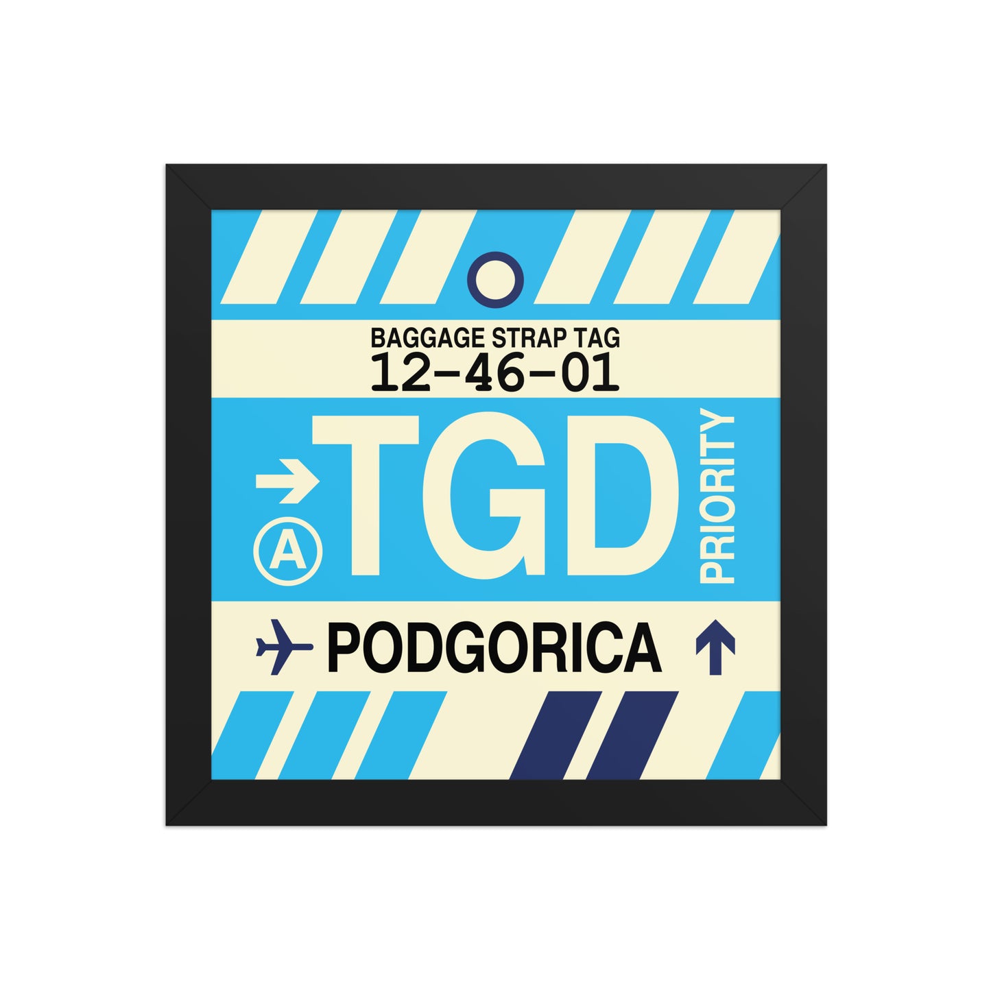 TGD Podgorica Framed Print • Jet Age Baggage Tag Design • YHM Designs - Image 02