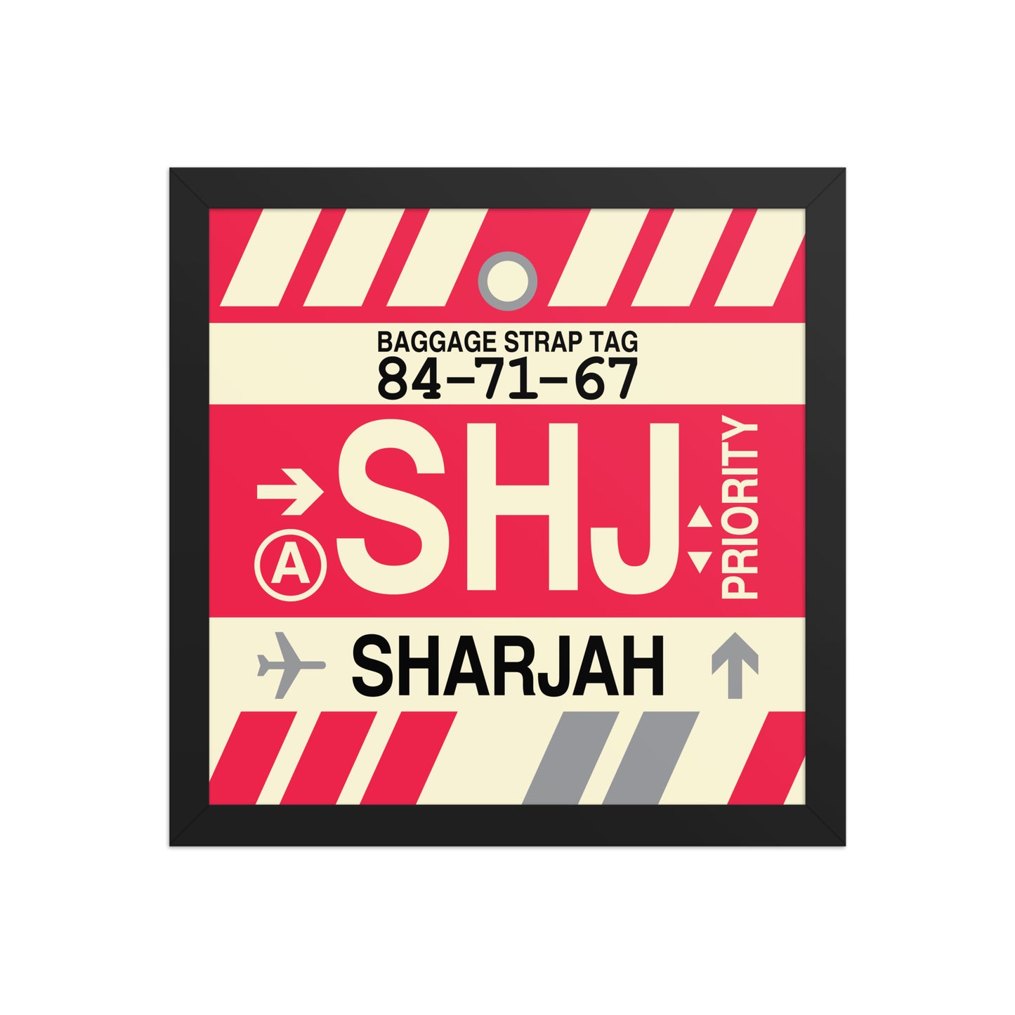 SHJ Sharjah Framed Print • Jet Age Baggage Tag Design • YHM Designs - Image 03