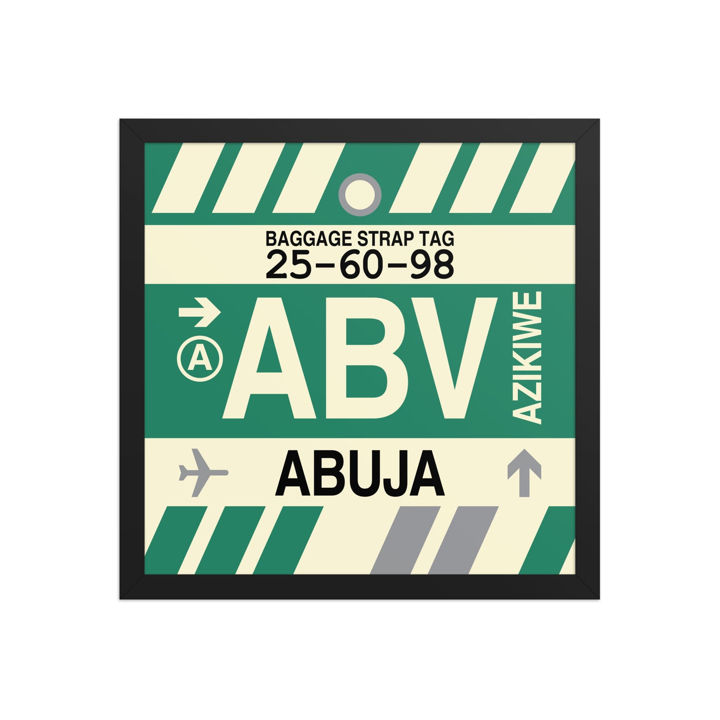 ABV Abuja Framed Print • Jet Age Baggage Tag Design • YHM Designs - Image 04
