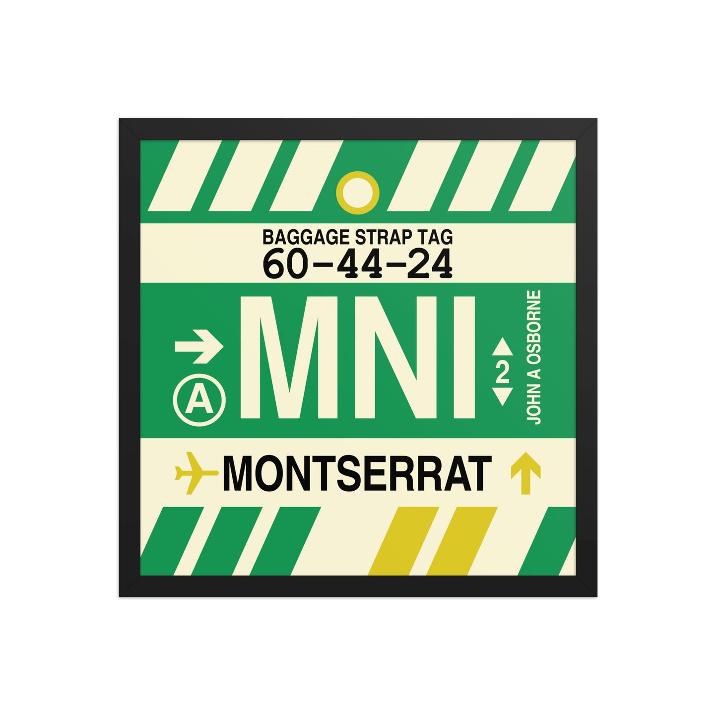 MNI Montserrat Framed Print • Jet Age Baggage Tag Design • YHM Designs - Image 05
