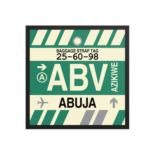 ABV Abuja Framed Print • Jet Age Baggage Tag Design • YHM Designs - Image 01