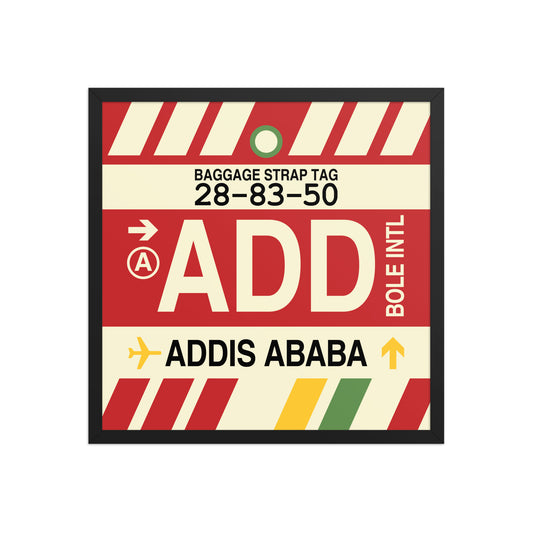 ADD Addis Ababa Framed Print • Jet Age Baggage Tag Design • YHM Designs - Image 01