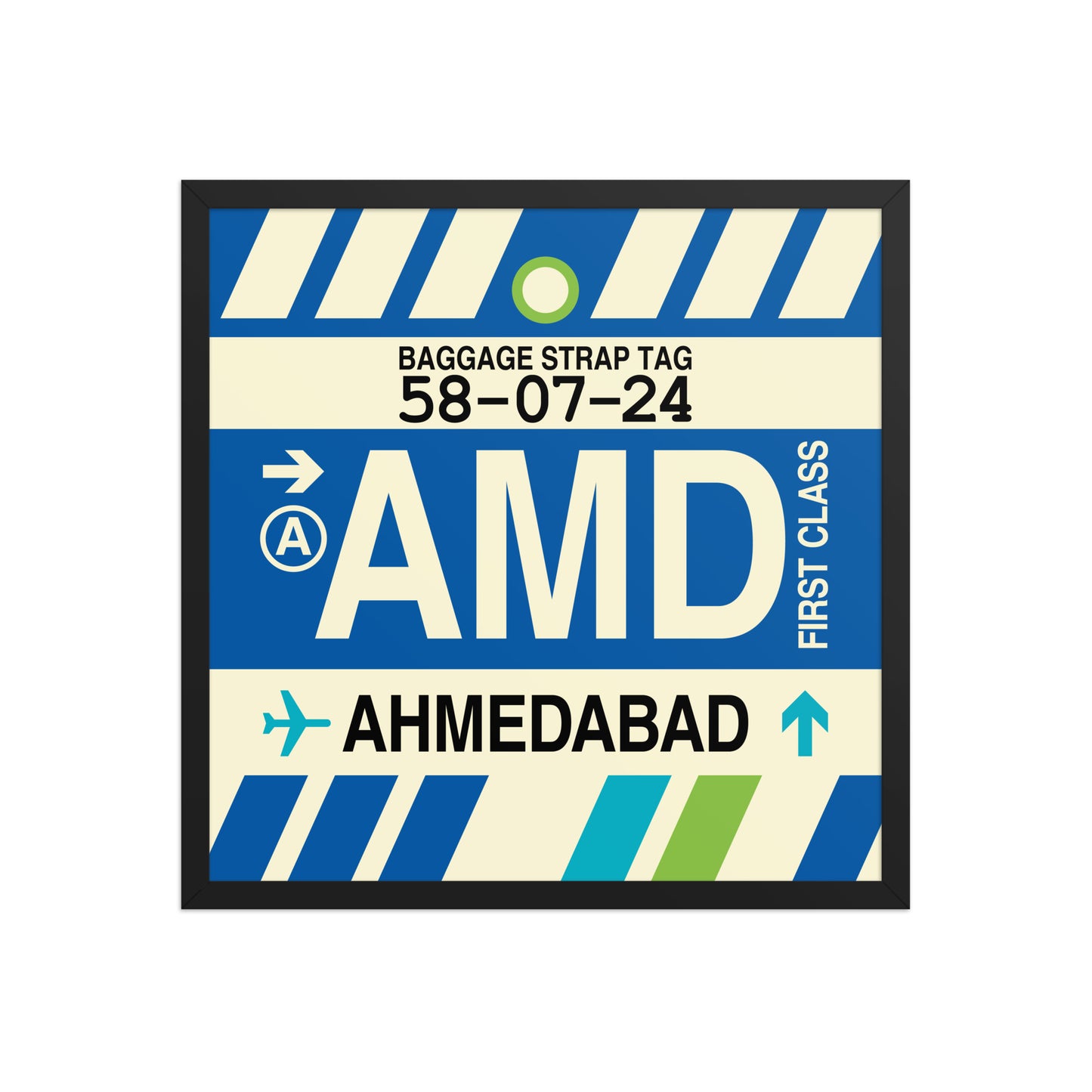 AMD Ahmedabad Framed Print • Jet Age Baggage Tag Design • YHM Designs - Image 01