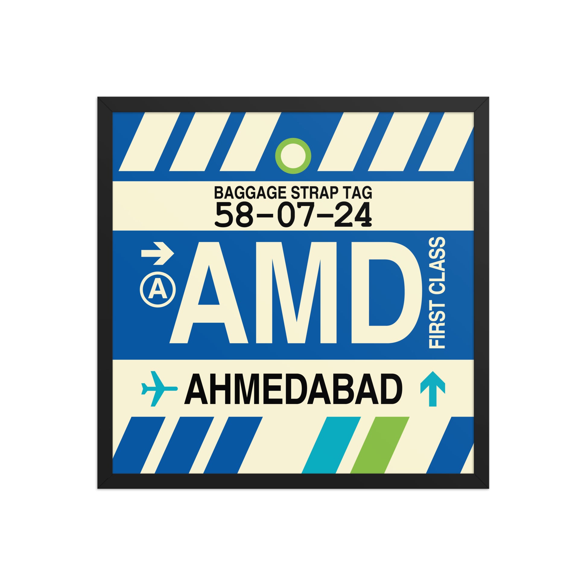 AMD Ahmedabad Framed Print • Jet Age Baggage Tag Design • YHM Designs - Image 01