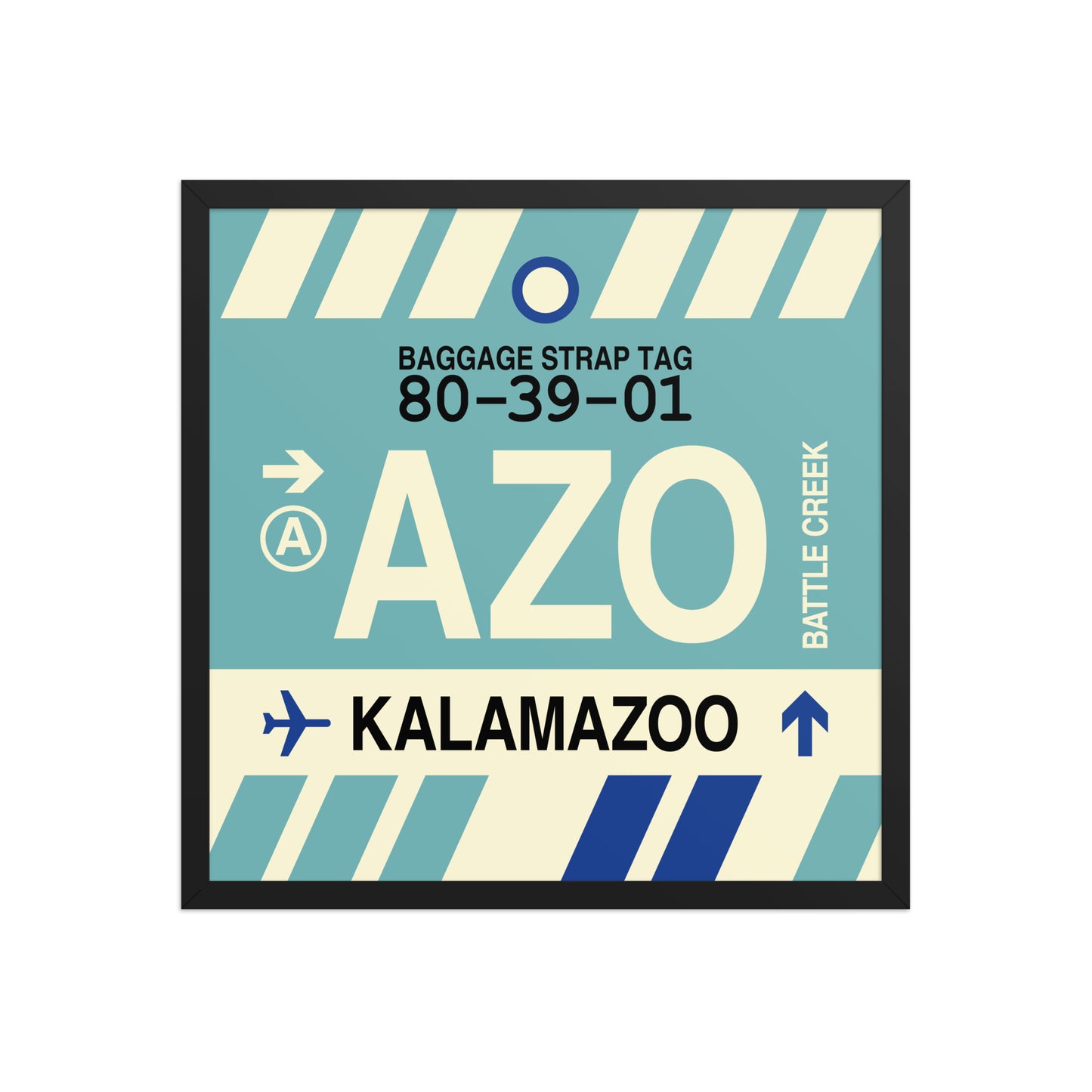 AZO Kalamazoo Framed Print • Jet Age Baggage Tag Design • YHM Designs - Image 01
