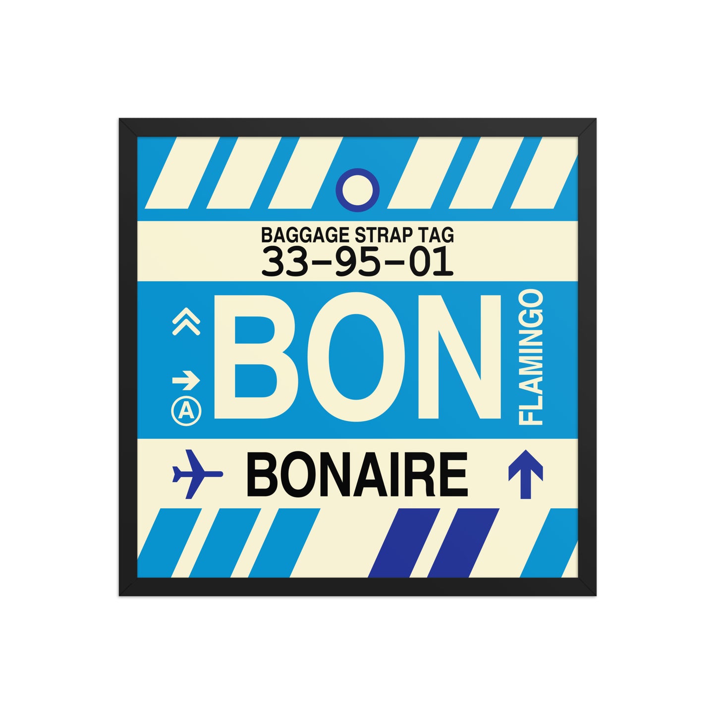 BON Bonaire Framed Print • Jet Age Baggage Tag Design • YHM Designs - Image 01