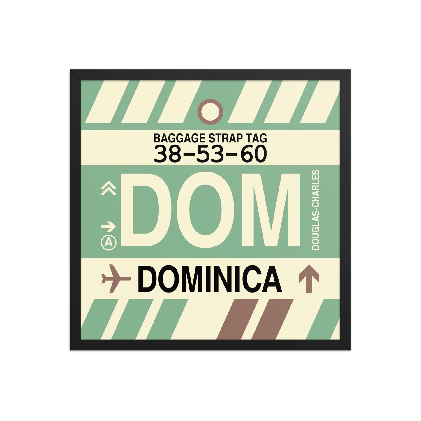 DOM Dominica Framed Print • Jet Age Baggage Tag Design • YHM Designs - Image 01