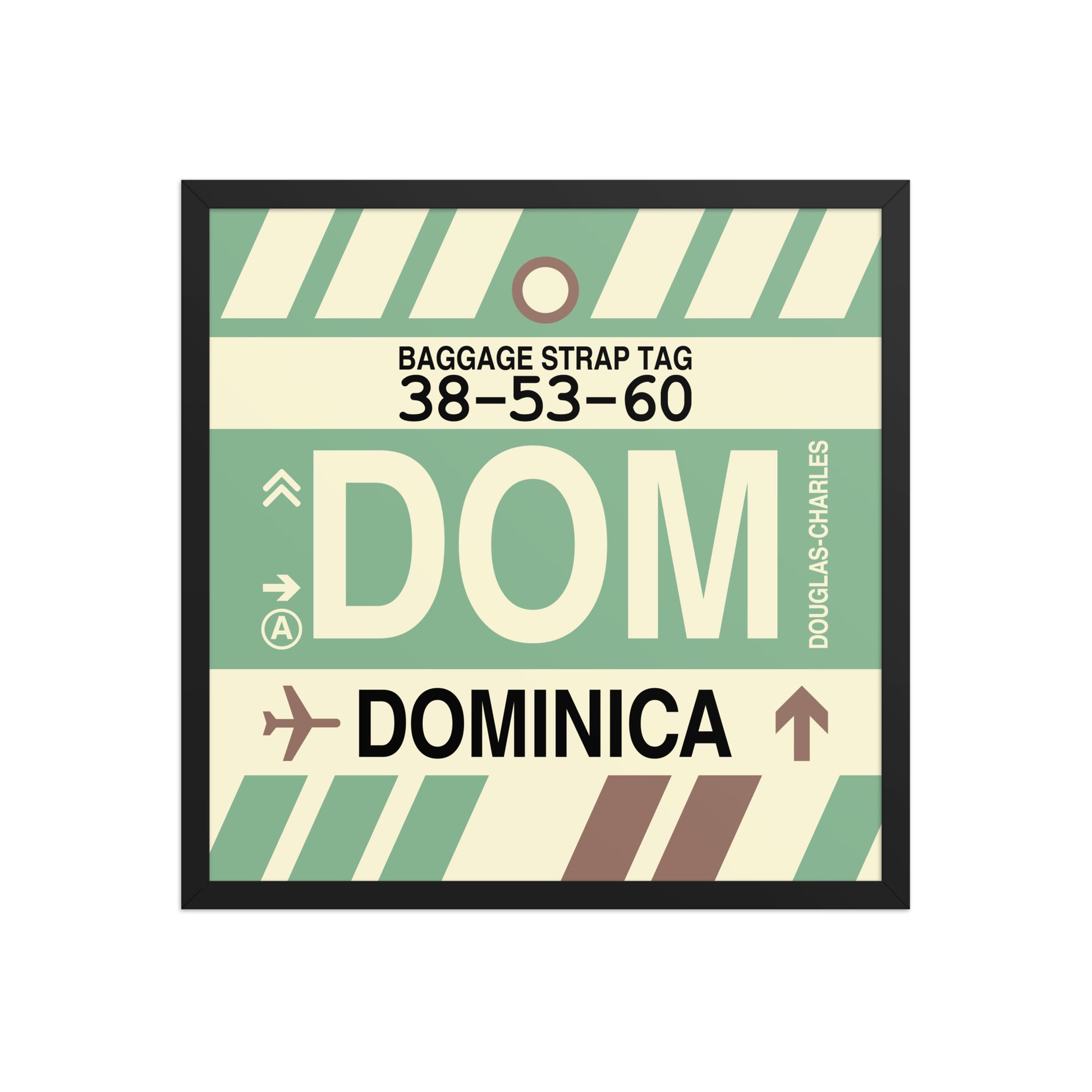 DOM Dominica Framed Print • Jet Age Baggage Tag Design • YHM Designs - Image 01