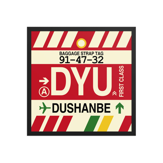 DYU Dushanbe Framed Print • Jet Age Baggage Tag Design • YHM Designs - Image 01