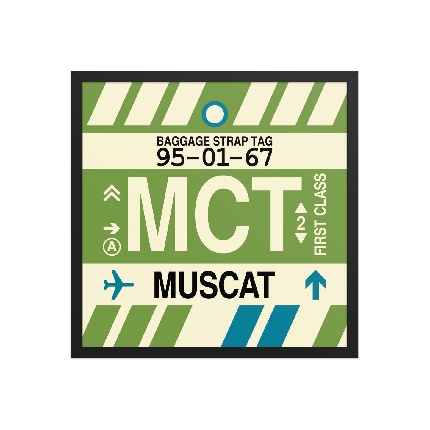 MCT Muscat Framed Print • Jet Age Baggage Tag Design • YHM Designs - Image 01