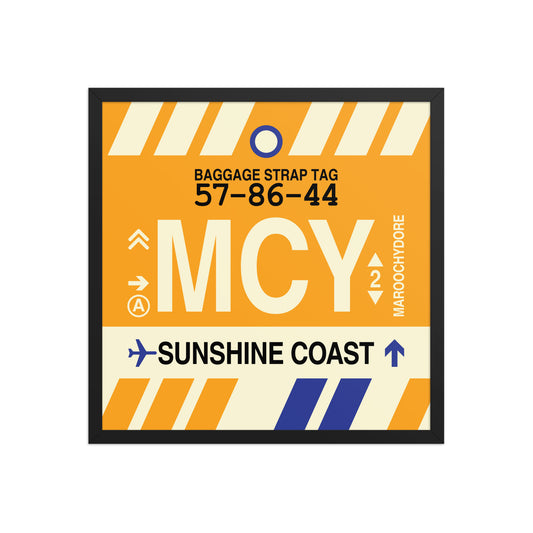 MCY Sunshine Coast Framed Print • Jet Age Baggage Tag Design • YHM Designs - Image 01