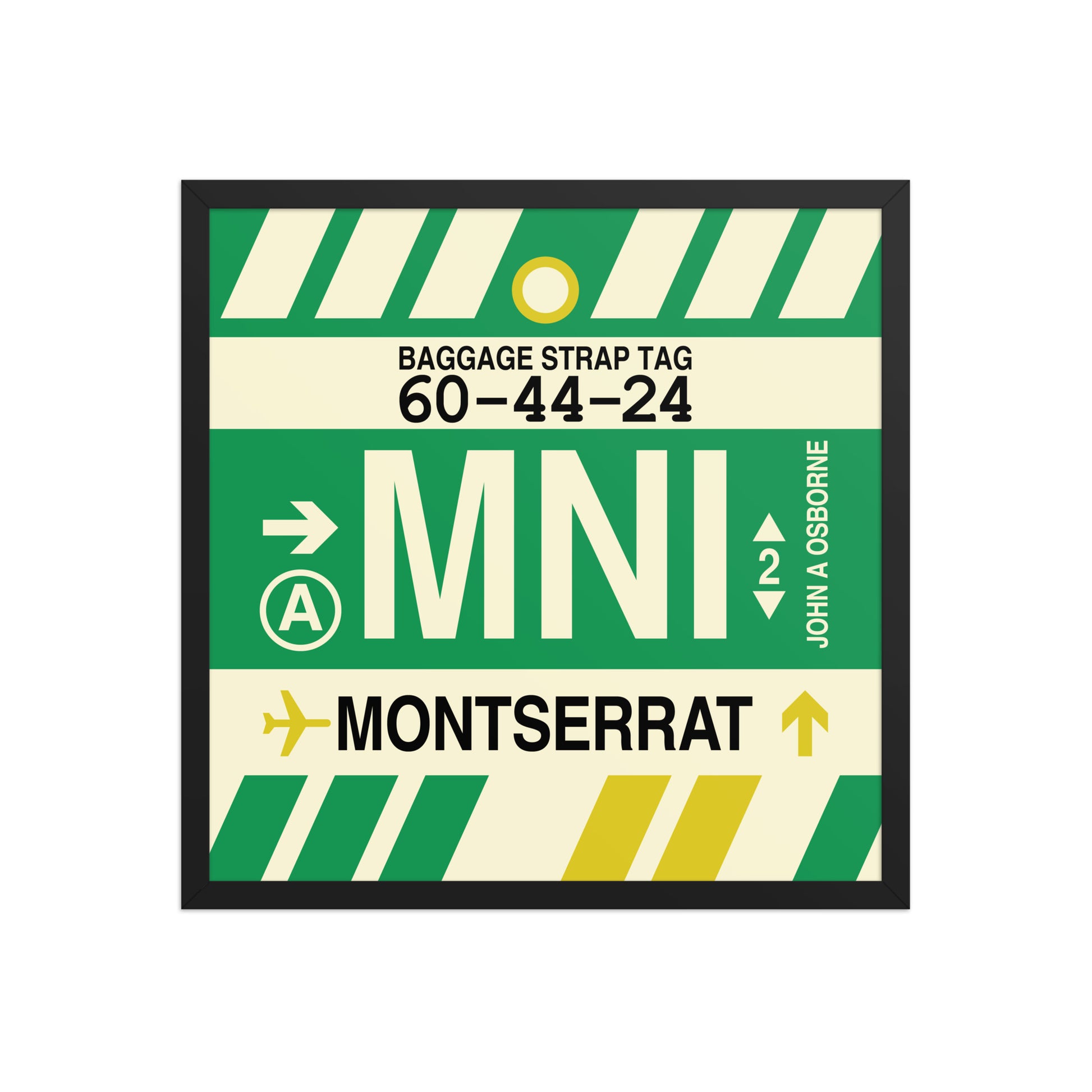 MNI Montserrat Framed Print • Jet Age Baggage Tag Design • YHM Designs - Image 01