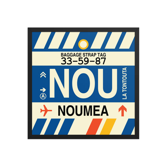 NOU Nouméa Framed Print • Jet Age Baggage Tag Design • YHM Designs - Image 01