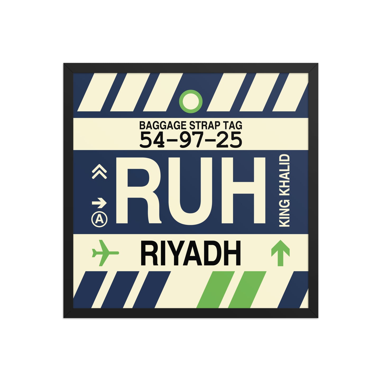 RUH Riyadh Framed Print • Jet Age Baggage Tag Design • YHM Designs - Image 01