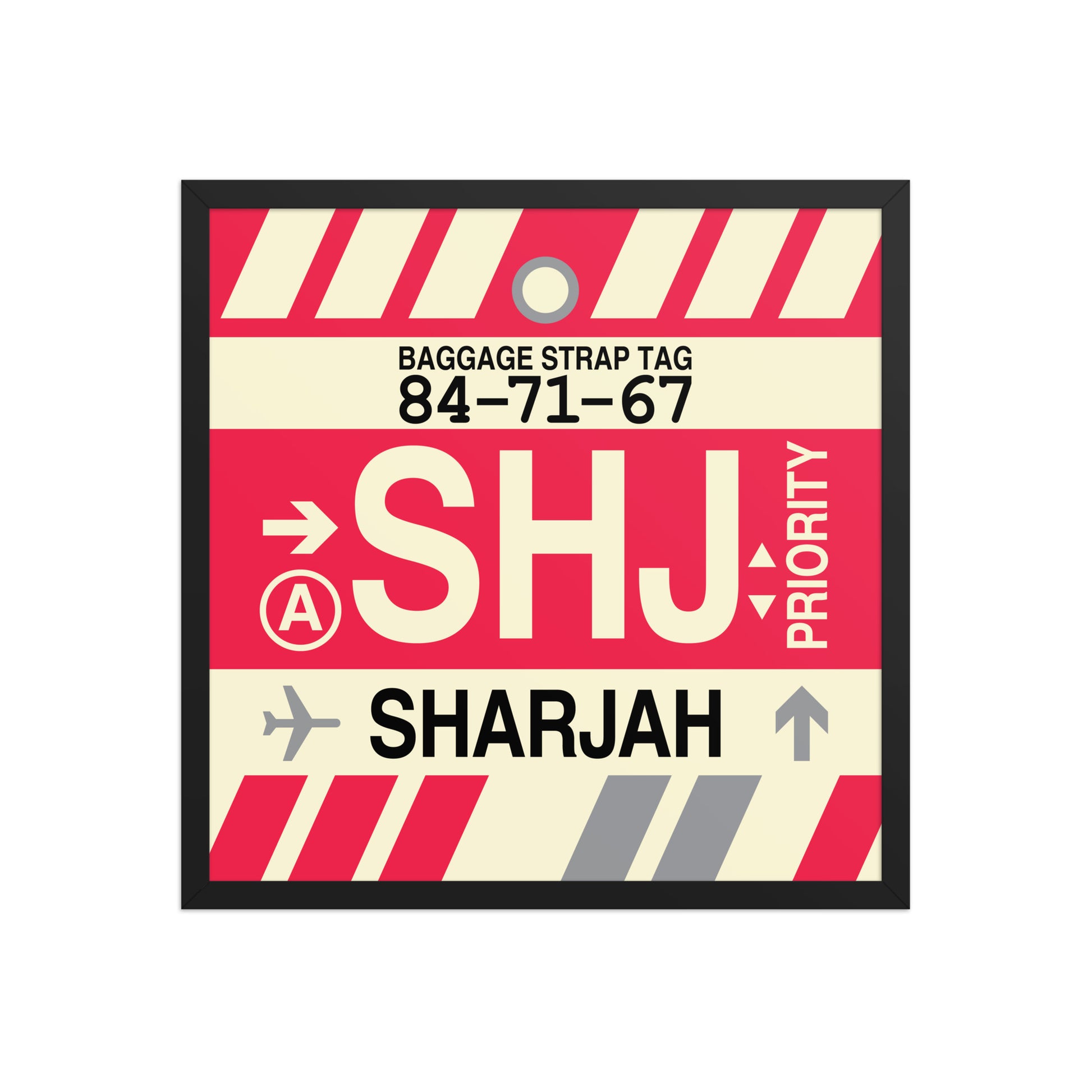 SHJ Sharjah Framed Print • Jet Age Baggage Tag Design • YHM Designs - Image 01