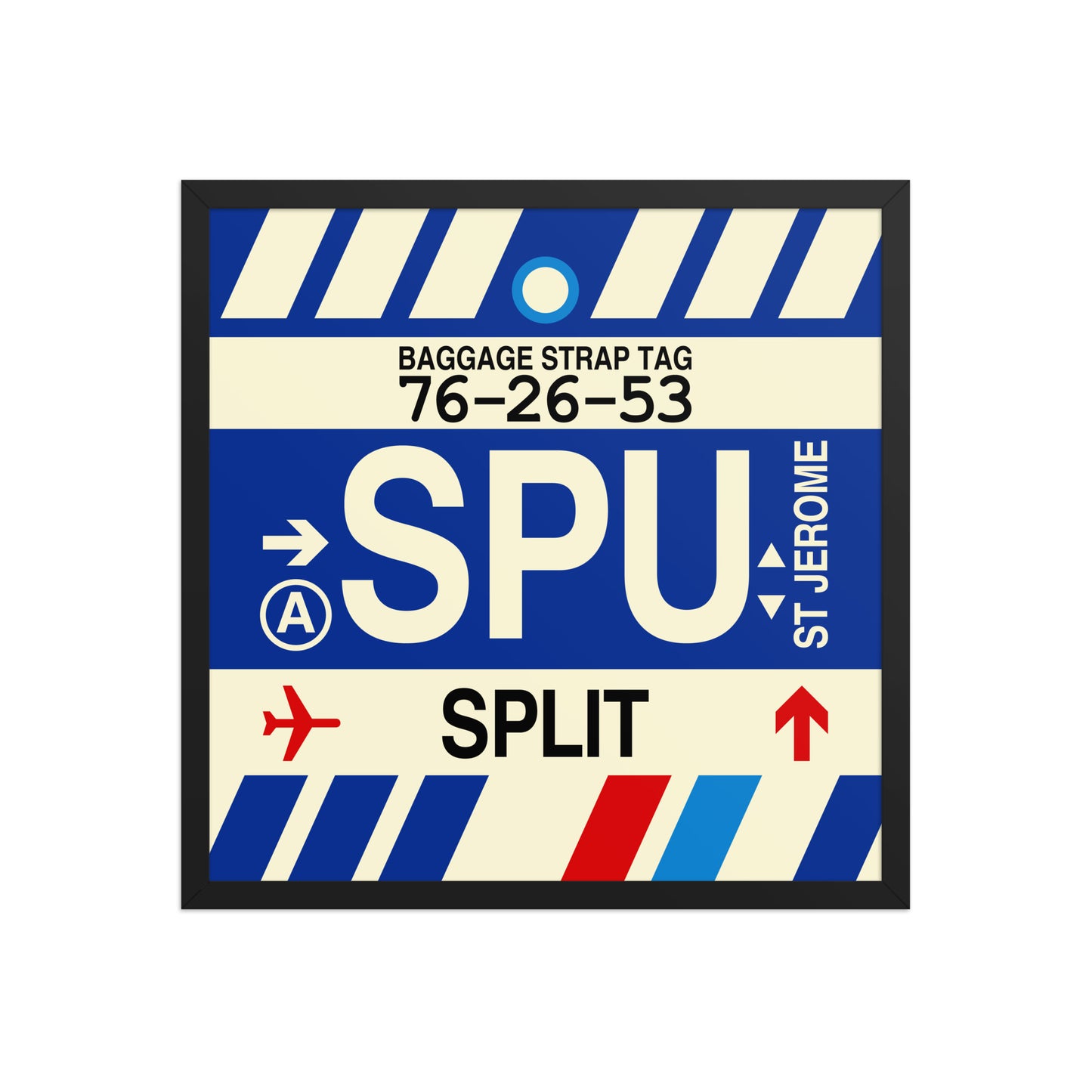 SPU Split Framed Print • Jet Age Baggage Tag Design • YHM Designs - Image 01