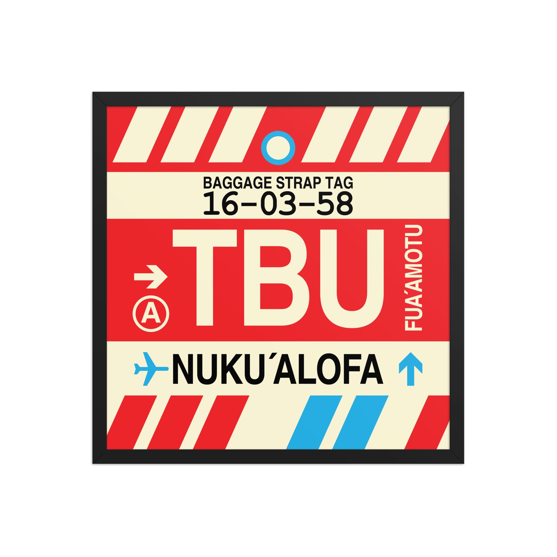 TBU Nuku'alofa Framed Print • Jet Age Baggage Tag Design • YHM Designs - Image 01