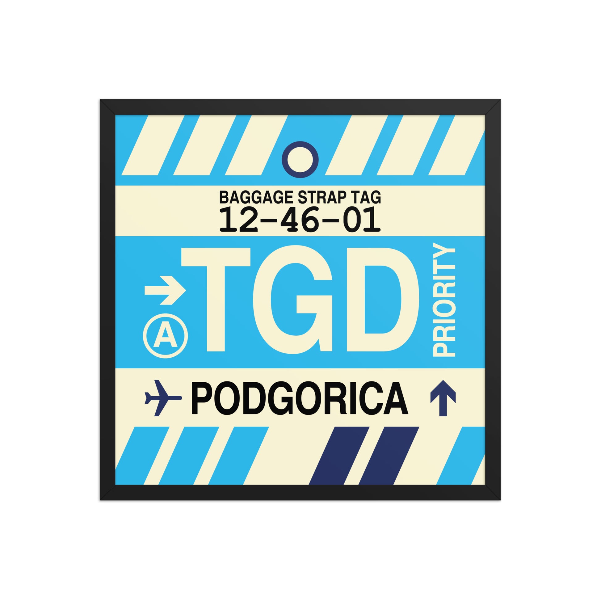 TGD Podgorica Framed Print • Jet Age Baggage Tag Design • YHM Designs - Image 01