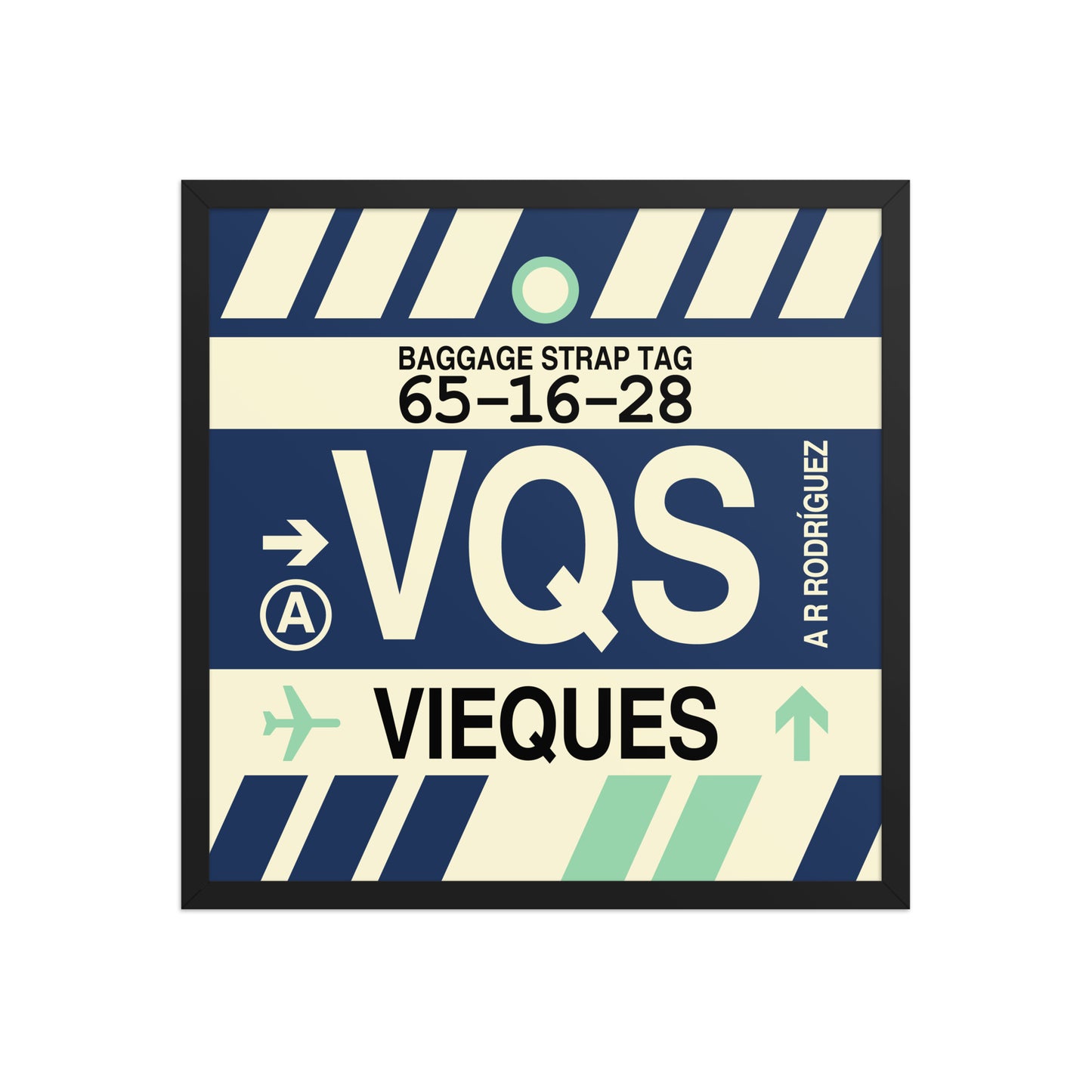 VQS Vieques Framed Print • Jet Age Baggage Tag Design • YHM Designs - Image 01