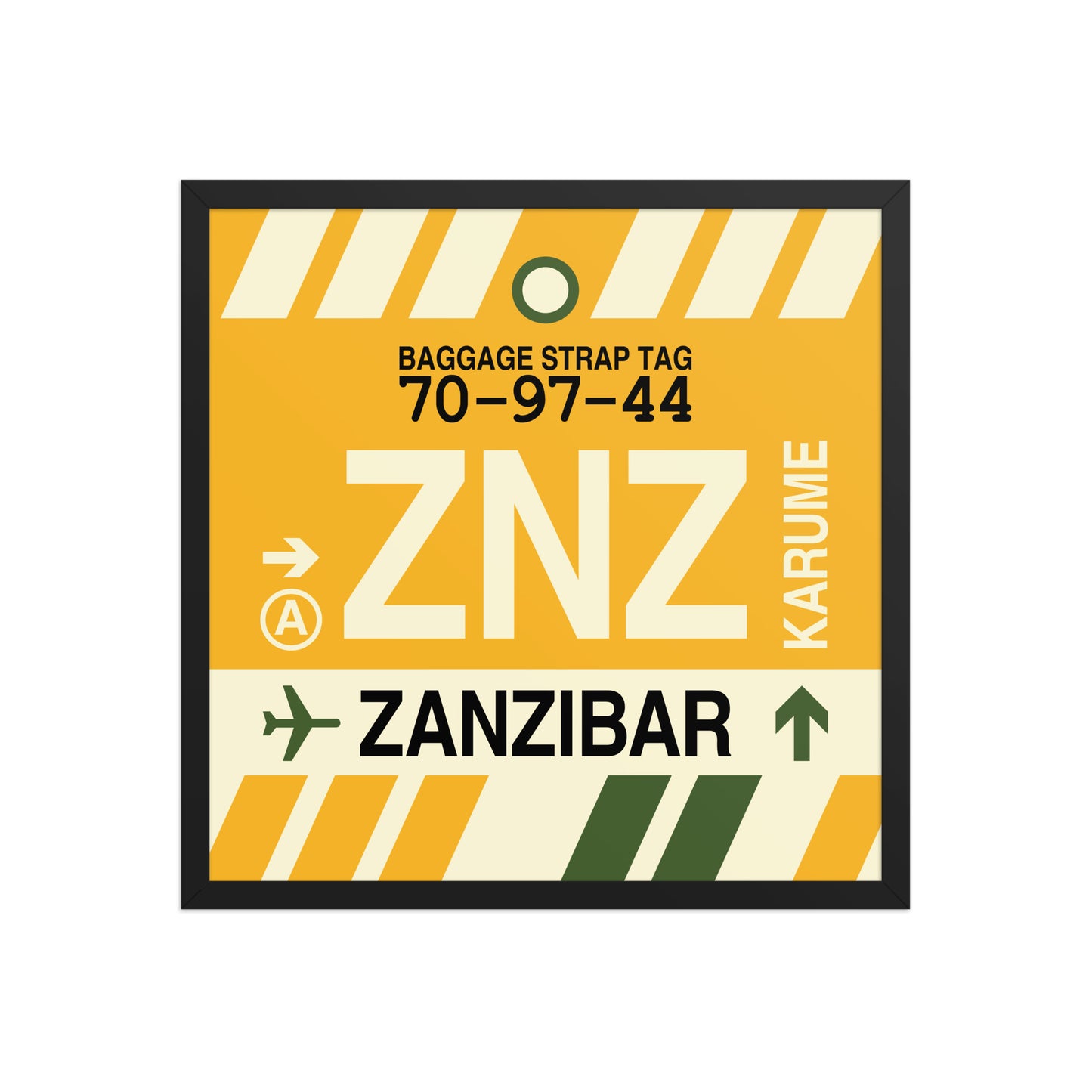 ZNZ Zanzibar Framed Print • Jet Age Baggage Tag Design • YHM Designs - Image 01