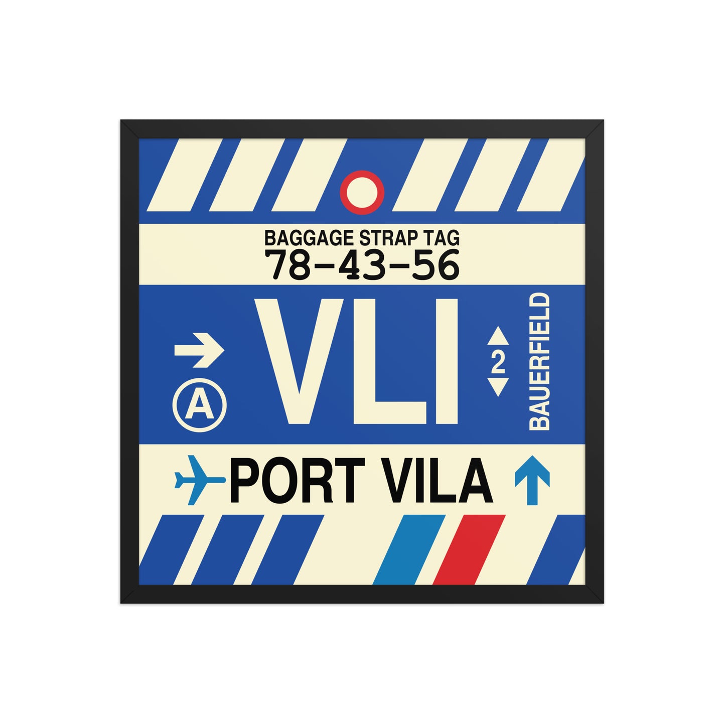 VLI Port Vila Framed Print • Jet Age Baggage Tag Design • YHM Designs - Image 01