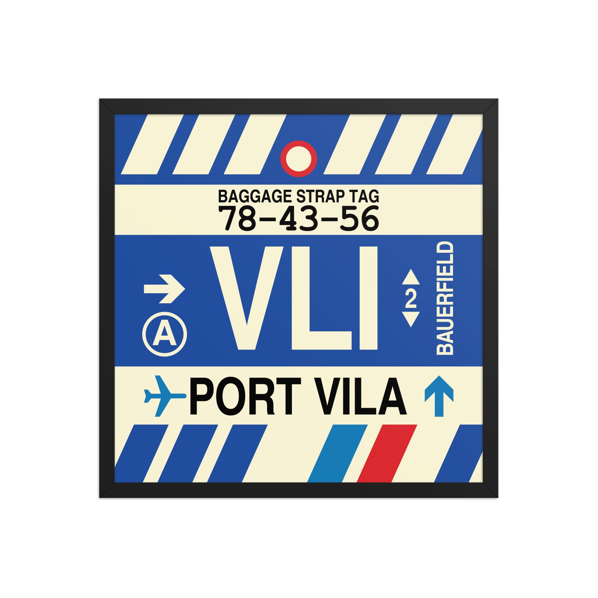 VLI Port Vila Framed Print • Jet Age Baggage Tag Design • YHM Designs - Image 01