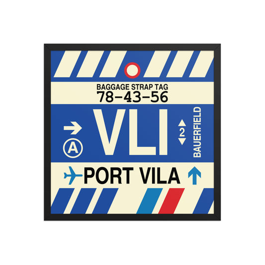 VLI Port Vila Framed Print • Jet Age Baggage Tag Design • YHM Designs - Image 01