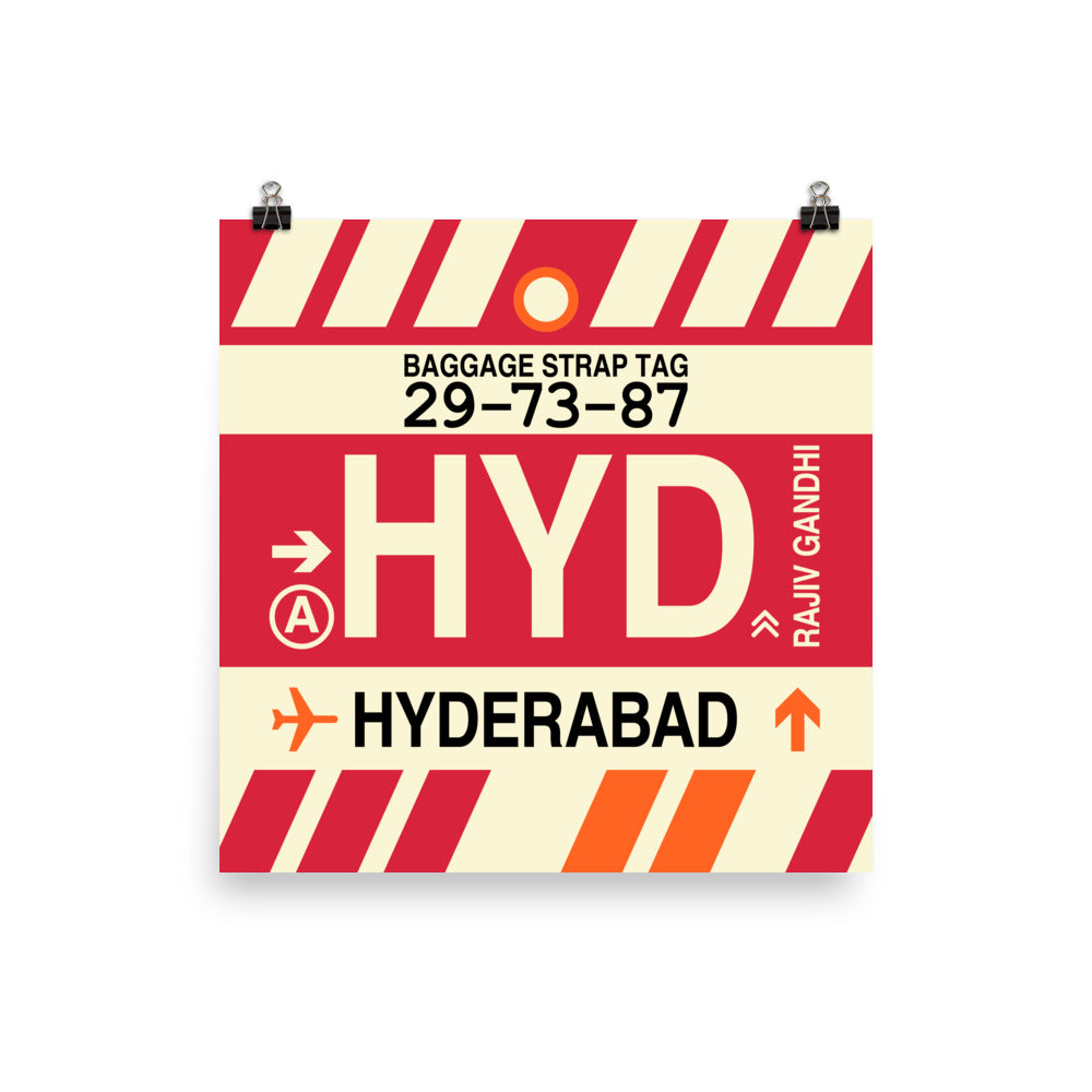 HYD Hyderabad Poster Print • Jet Age Baggage Tag Design • YHM Designs - Image 01