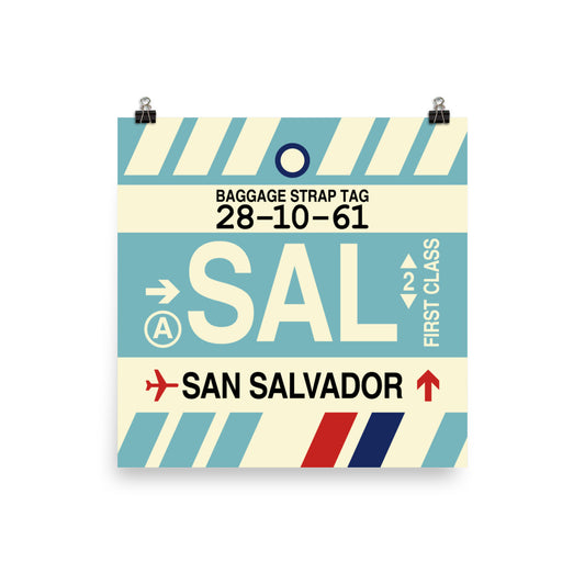 SAL San Salvador Poster Print • Jet Age Baggage Tag Design • YHM Designs - Image 01
