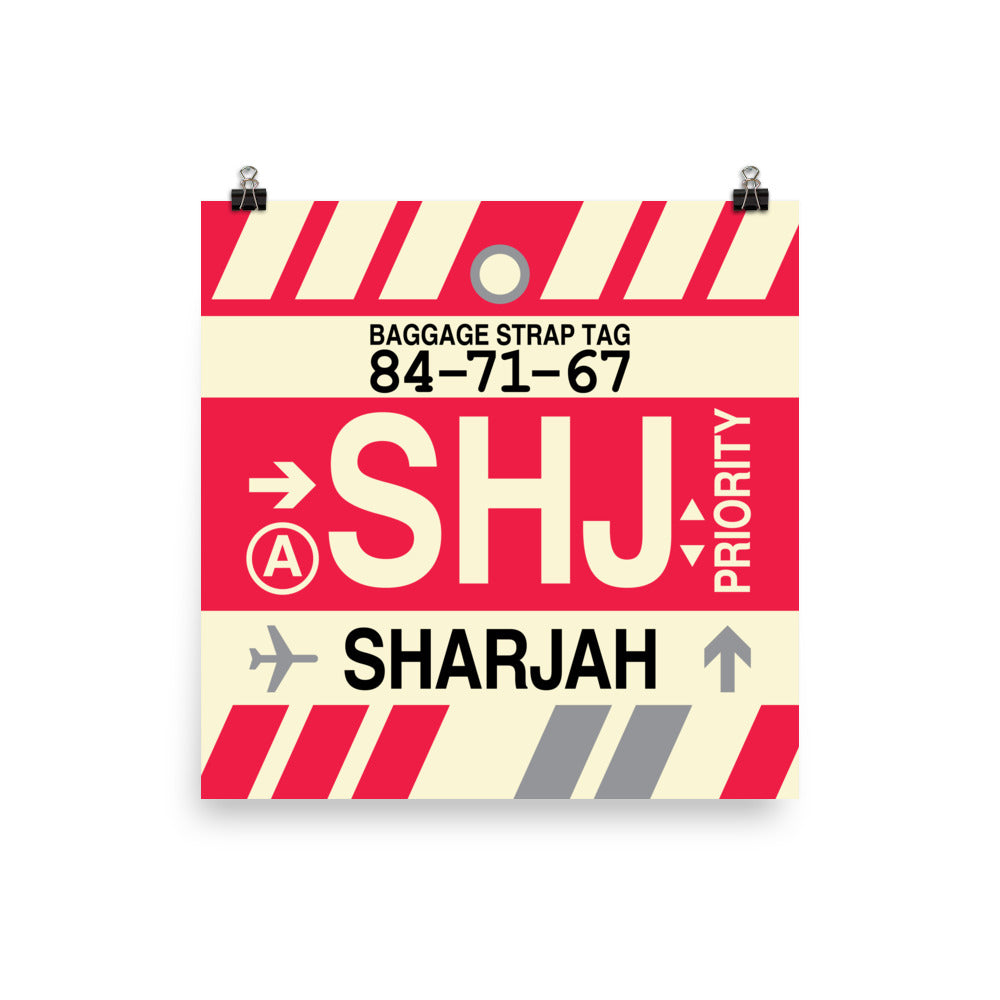 SHJ Sharjah Poster Print • Jet Age Baggage Tag Design • YHM Designs - Image 01