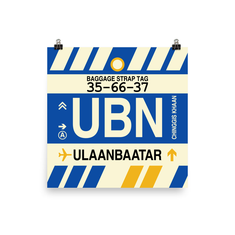 UBN Ulaanbaatar Poster Print • Jet Age Baggage Tag Design • YHM Designs - Image 01