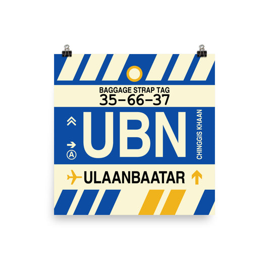 UBN Ulaanbaatar Poster Print • Jet Age Baggage Tag Design • YHM Designs - Image 01