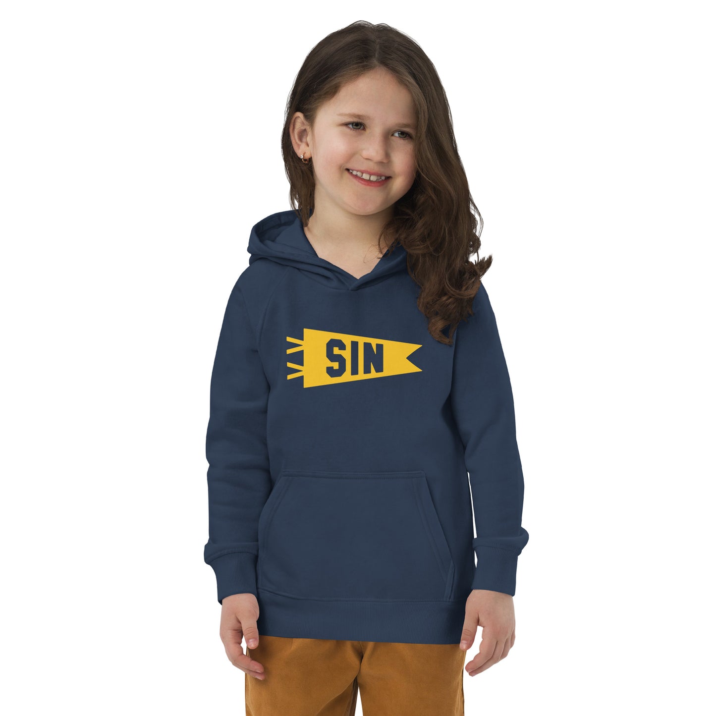 SIN Singapore Kid's Sustainable Hoodie • Banner Design in Yellow • YHM Designs - Image 07
