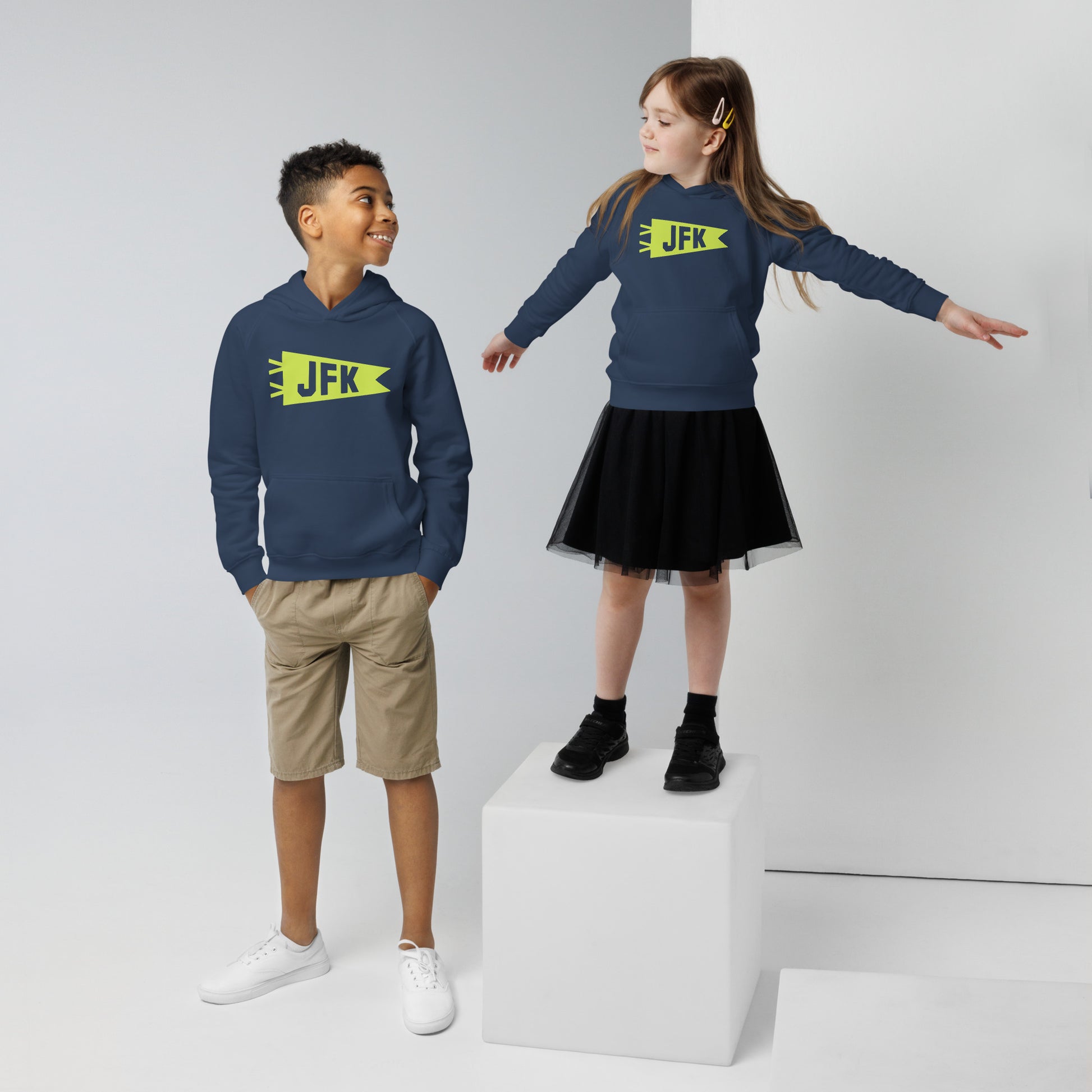 Kid's Sustainable Hoodie - Green Graphic • JFK New York City • YHM Designs - Image 03